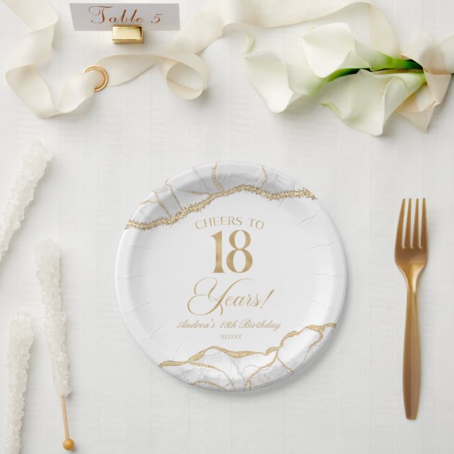 Prato De Papel Elegant White Gold Agate 18th Birthday Party (Casamento)