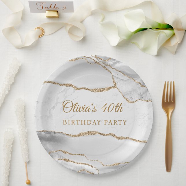 Prato De Papel Elegant White & Gold Agate Birthday Party (Casamento)