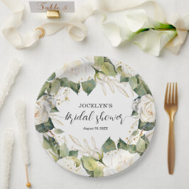 Prato De Papel Elegant White Roses Bridal Shower Square