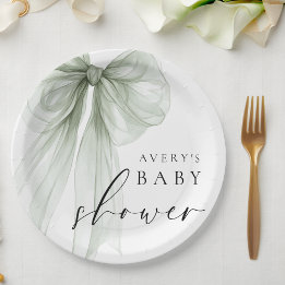 Prato De Papel Elegant White Sage Green Bow Baby Shower