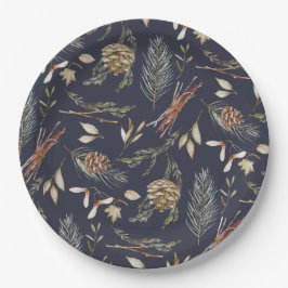 Prato De Papel Elegant Winter Paper Plates with Pinecones