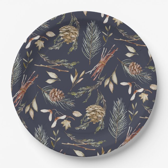 Prato De Papel Elegant Winter Paper Plates with Pinecones (Frente)