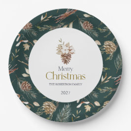 Prato De Papel Elegant Winter Paper Plates with Pinecones