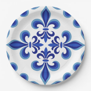Prato De Papel Elegante Almoço em Azul Damasco