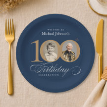 Elegante Aniversário de 100 anos Azul e Dourado co