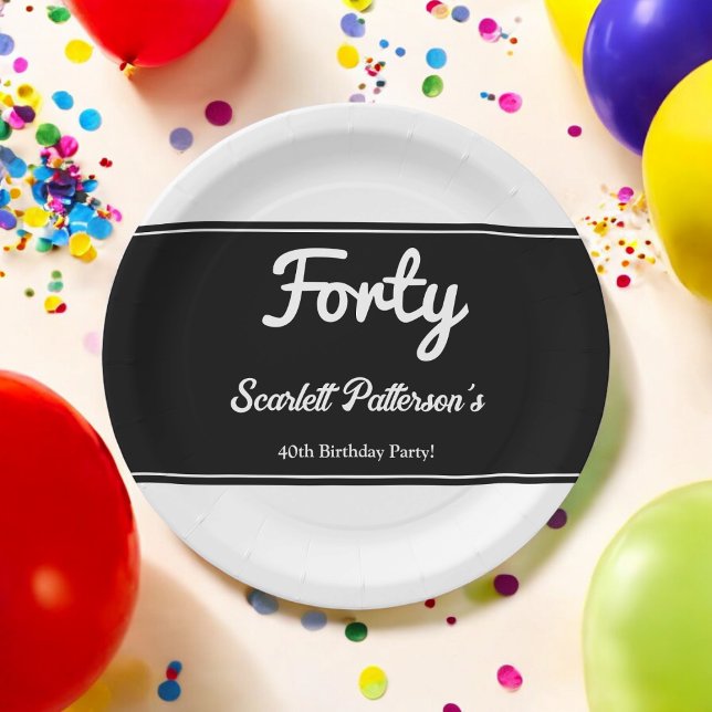 Prato De Papel Elegante aniversário de 40 anos Moderno Branco E P (Criador carregado)