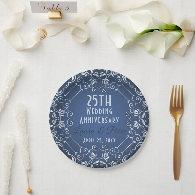 Prato De Papel Elegante Aniversário de Casamento Azul e Prata com (Casamento)