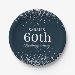 Prato De Papel Elegante Azul Marinho Brilho Prata Aniversário de