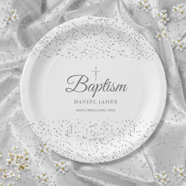 Prato De Papel Elegante Batismo de Poeira de Estrelas Prateada
