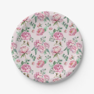 Prato De Papel Elegante Blush Pink Floral e Chá de fraldas Verde
