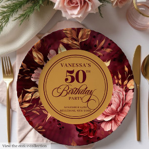 Prato De Papel Elegante Boho Borgonha Rosa Dourado 50º Aniversári
