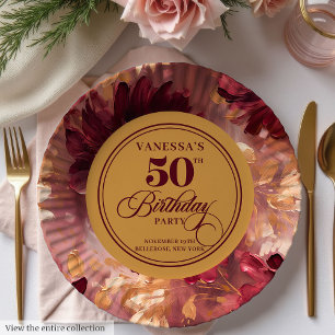 Prato De Papel Elegante Boho Merlot Bege Dourado Aniversário de 5