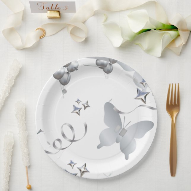 Prato de Papel Elegante Borboleta Prateada Casamen (Casamento)