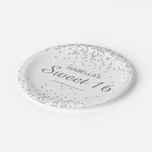 Prato De Papel Elegante Branco Brilho Prata Doce Nome 16
