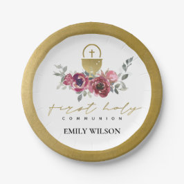 PRATO DE PAPEL ELEGANTE BURGUNDY DOURADA FLORAL PRIMEIRA COMUNICA