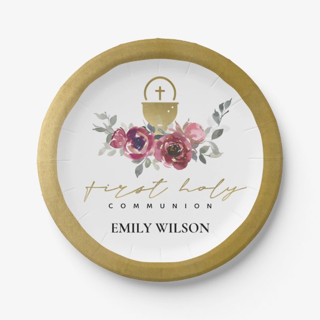 PRATO DE PAPEL ELEGANTE BURGUNDY DOURADA FLORAL PRIMEIRA COMUNICA (Frente)