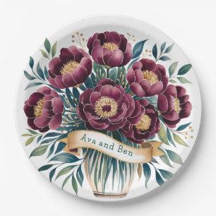 Prato De Papel Elegante Burgundy e Emerald Peony com Destaque Dou