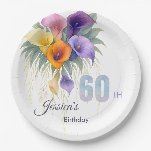 Prato De Papel Elegante Calla Lily 60th Birthday Milestone (Frente)