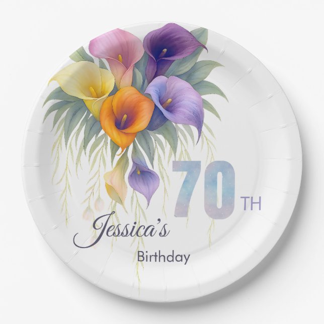 Prato De Papel Elegante Calla Lily 70 Birthday Milestone (Frente)