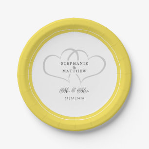 Prato De Papel Elegante Casamento Amarelo Branco Senhor & Senhora