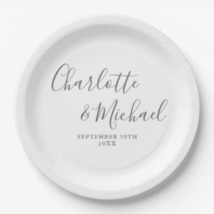 Prato De Papel Elegante Casamento em Cinza e Branco com Letra de