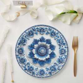 Prato De Papel Elegante Cerâmica Floral Azul Inspirada