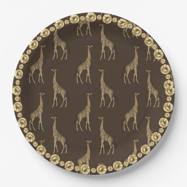 Prato De Papel Elegante Chic Giraffe Na moda Dourado Rhinestone G (Frente)