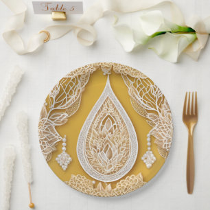 Prato De Papel Elegante Chuva de Noiva em Ocre Amarelo com Renda