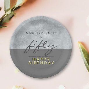 Prato De Papel Elegante Cinza Script Man 50th Festa de aniversári