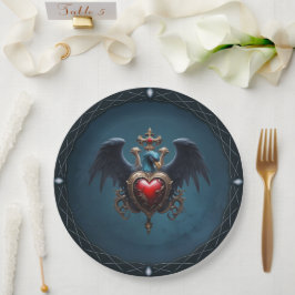 Prato De Papel Elegante coração gótico com pássaro fantasma.