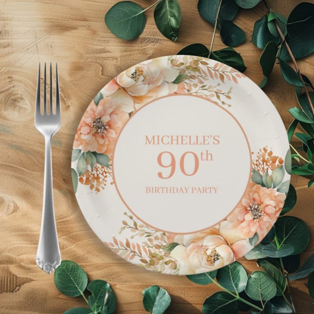 Prato De Papel Elegante Creme Floral 90 Birthday (Peach and cream watercolor floral birthday party paper plates)