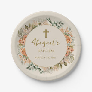 Prato De Papel Elegante Cruz Pêssego Creme Floral Batizado Menina