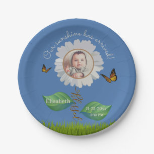 Prato De Papel Elegante Daisy Blue Floral Cute Baby Photo e Name
