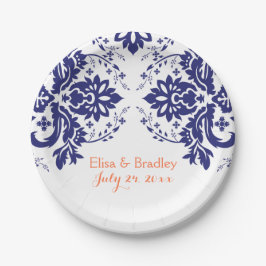 Prato De Papel Elegante damask motif marinho blue, casamento de c