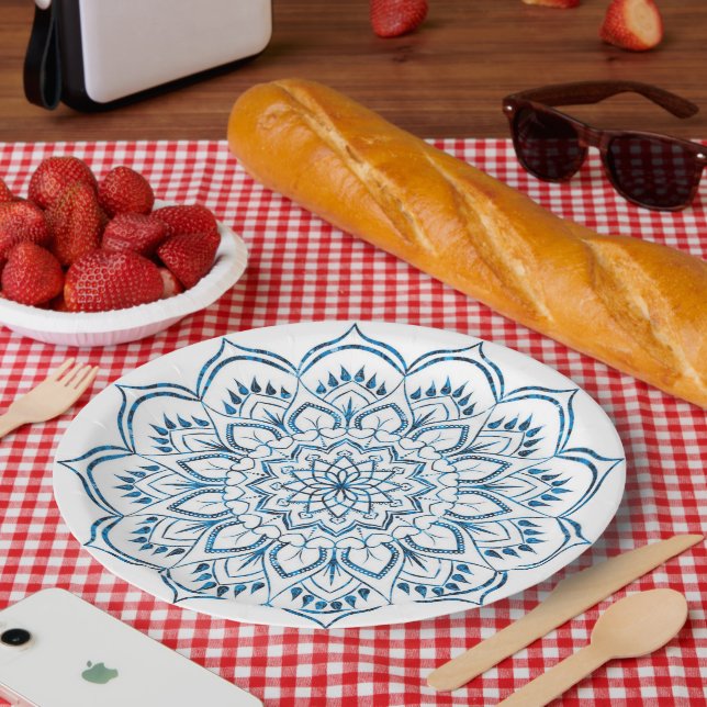 Prato De Papel Elegante Decoração de Mandala Azul Metálico (Piquenique)