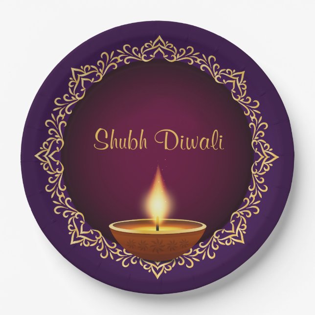 Prato De Papel Elegante Diwali Diyas Purple (Frente)