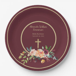 Prato De Papel Elegante Dourado Burgundy Floral Baby Christening