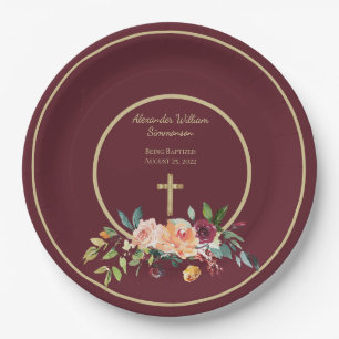 Prato De Papel Elegante Dourado Burgundy Floral Baby Christening