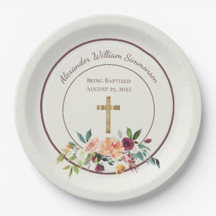 Prato De Papel Elegante Dourado Burgundy Floral Baby Christening