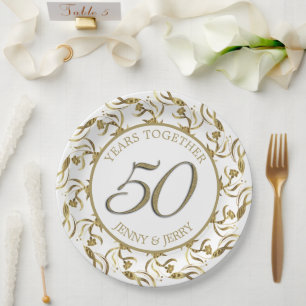 Prato de papel elegante dourado e branco para aniv