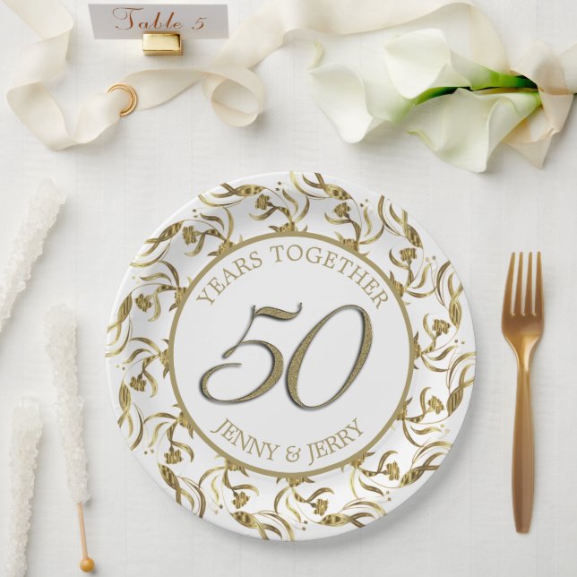Prato de papel elegante dourado e branco para aniv (Casamento)