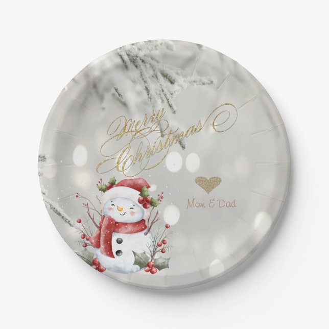 Prato De Papel Elegante Dourado Glitter Heart Snowman (Frente)