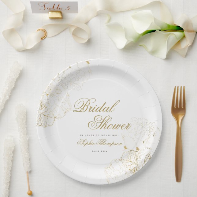 Prato De Papel Elegante Dourado Peonies Floral SketChá de panela (Casamento)