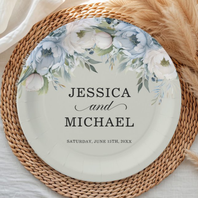 Prato De Papel Elegante Dusty Blue Ivory Floral Sage Verde (Sage green wedding paper plate with dusty blue and white watercolor flowers)