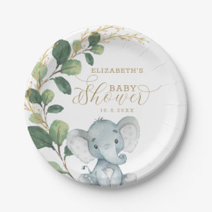 Prato De Papel Elegante Elefante Chá de fraldas Watercolor Green