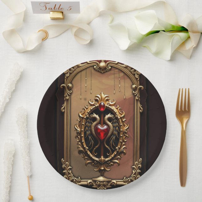 Prato De Papel Elegante emblema cardíaco luxuoso. (Casamento)