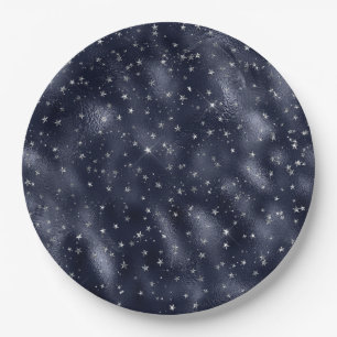 Prato De Papel Elegante Faux Azul Folha Prata Estrelas Natal