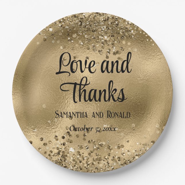 Prato De Papel Elegante Faux Dourada Glitter e Foil Wedes (Frente)