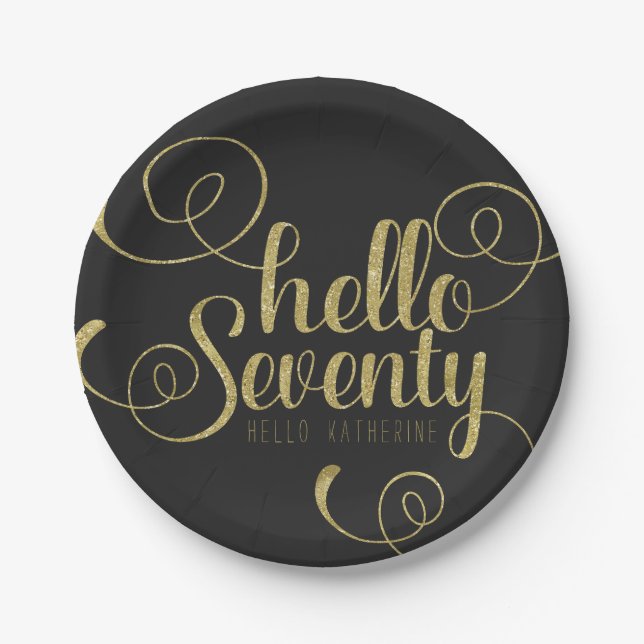 Prato De Papel Elegante Faux Dourado Glitter Hello Ssetenta Plate (Frente)