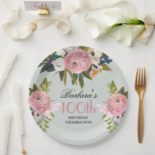 Prato De Papel Elegante Festa de 100 Anos com Flores Pintadas à M (Casamento)